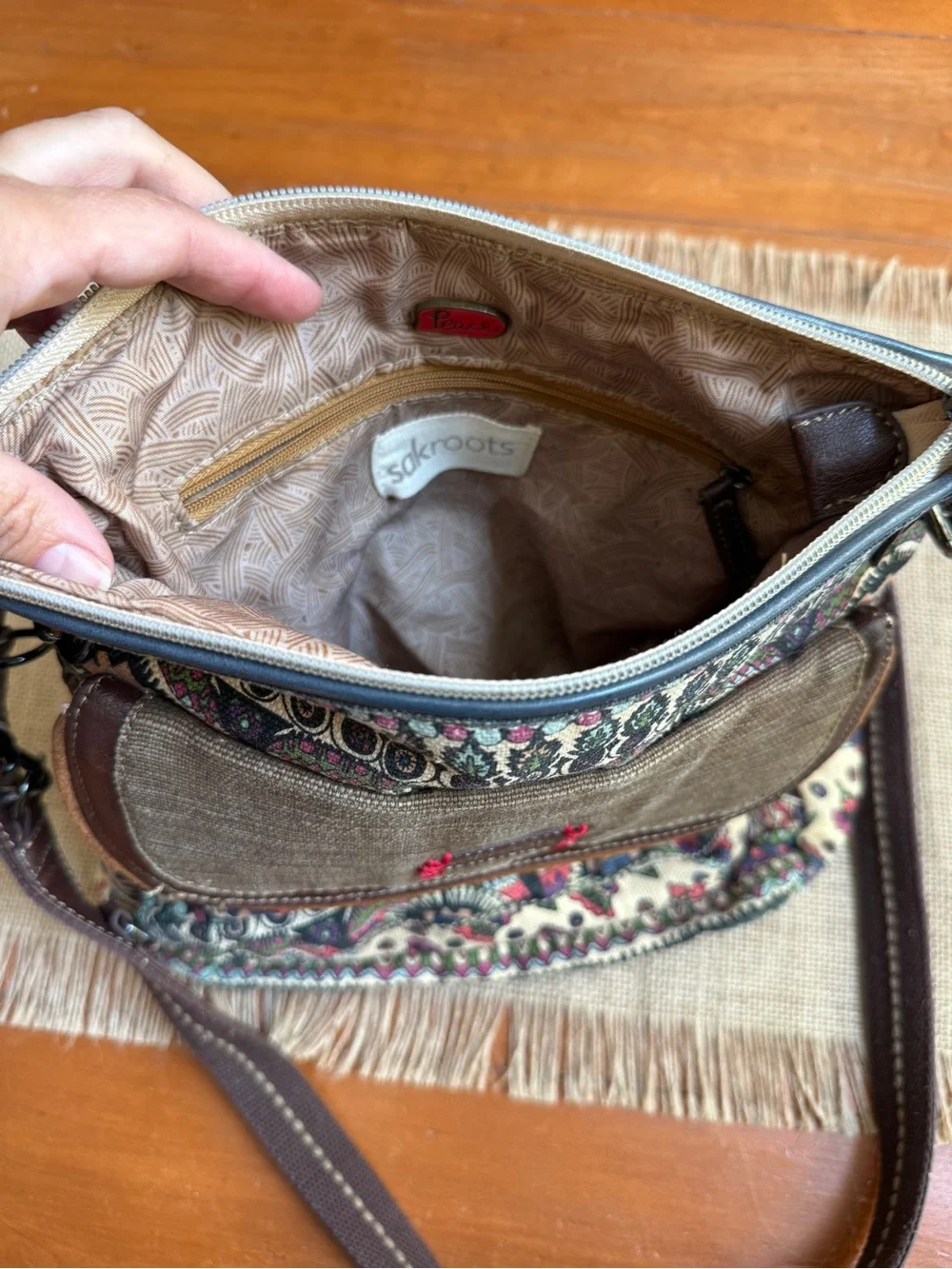 Sakroots Brown Canvas Crossbody with Multicolor Boho Print